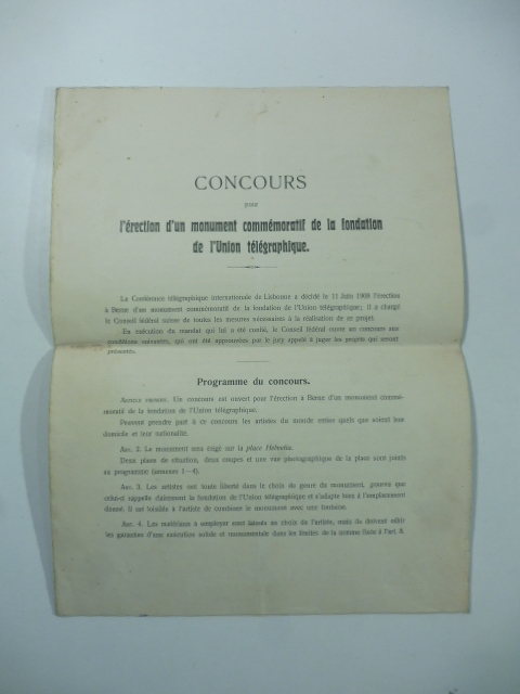 Concours pour l'erection d'un monument commemoratif de la fondation de l'Union telegraphique